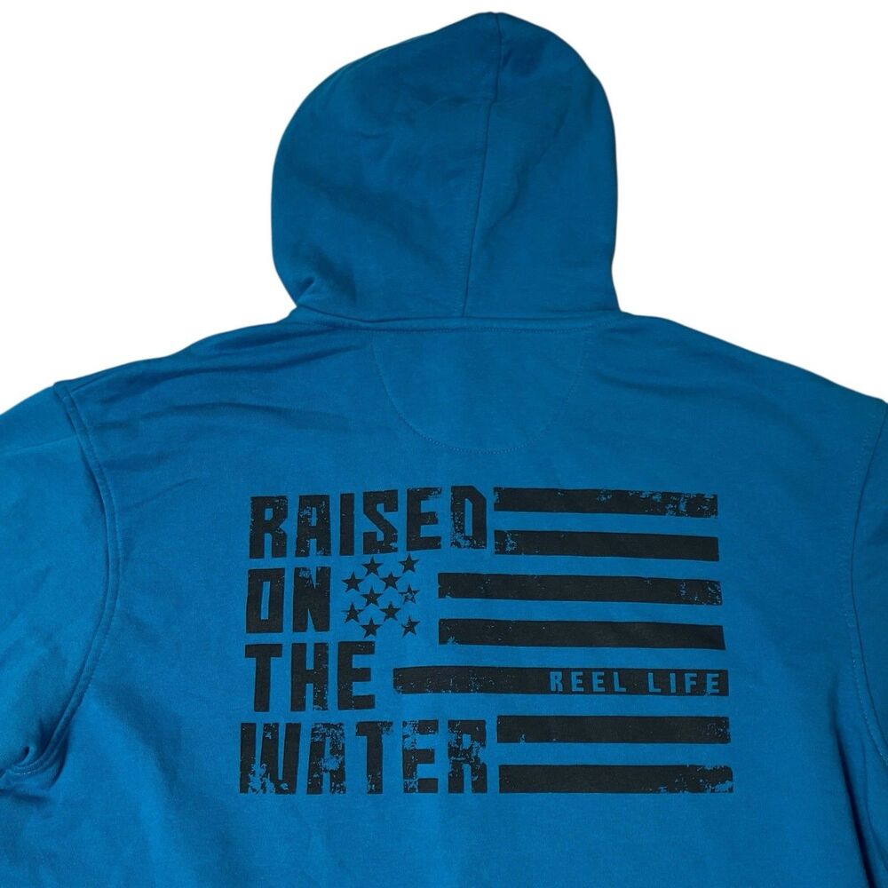 Reel Life Hoodie Mens M Blue Raised On The Water Full Zip American Flag Fishing